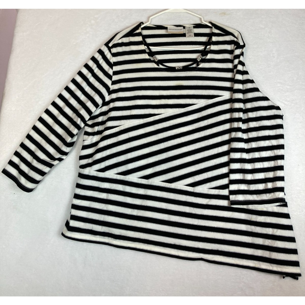 ALFRED DUNNER Women's Black and White‎ Striped Pullover 3/4 Sleeve Shirt Size 2X